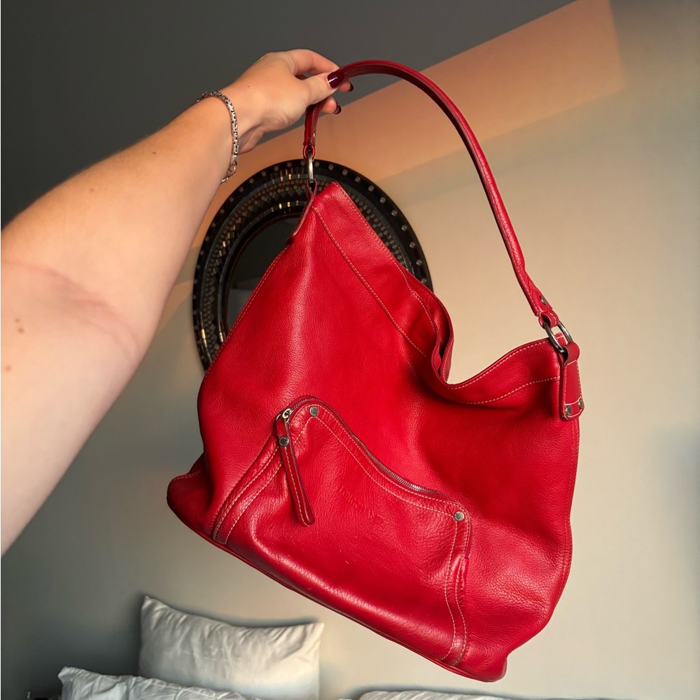 Red Leather Longchamp Hobo Tote Bag